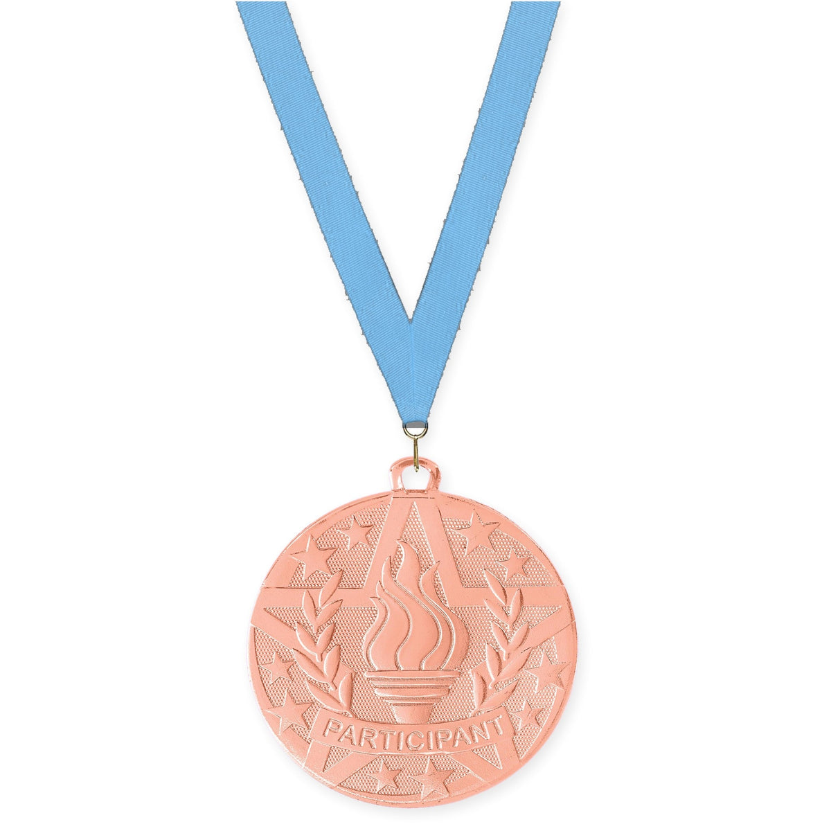 2 inch Participant Superstar medal in bronze with Light Blue neck ribbon