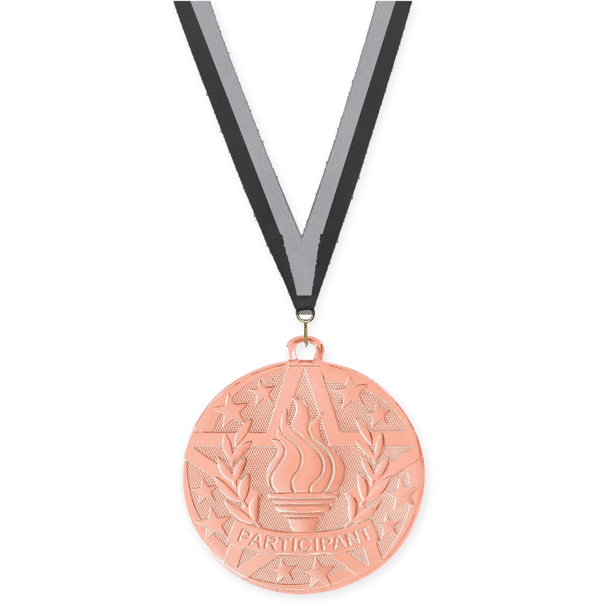 2 inch Participant Superstar medal in bronze with Black Gray neck ribbon