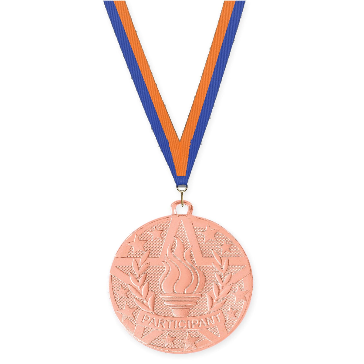 2 inch Participant Superstar medal in bronze with Blue Orange neck ribbon