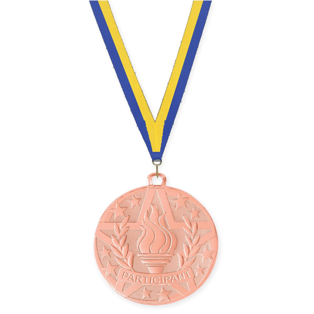2 inch Participant Superstar medal in bronze with Blue Yellow neck ribbon