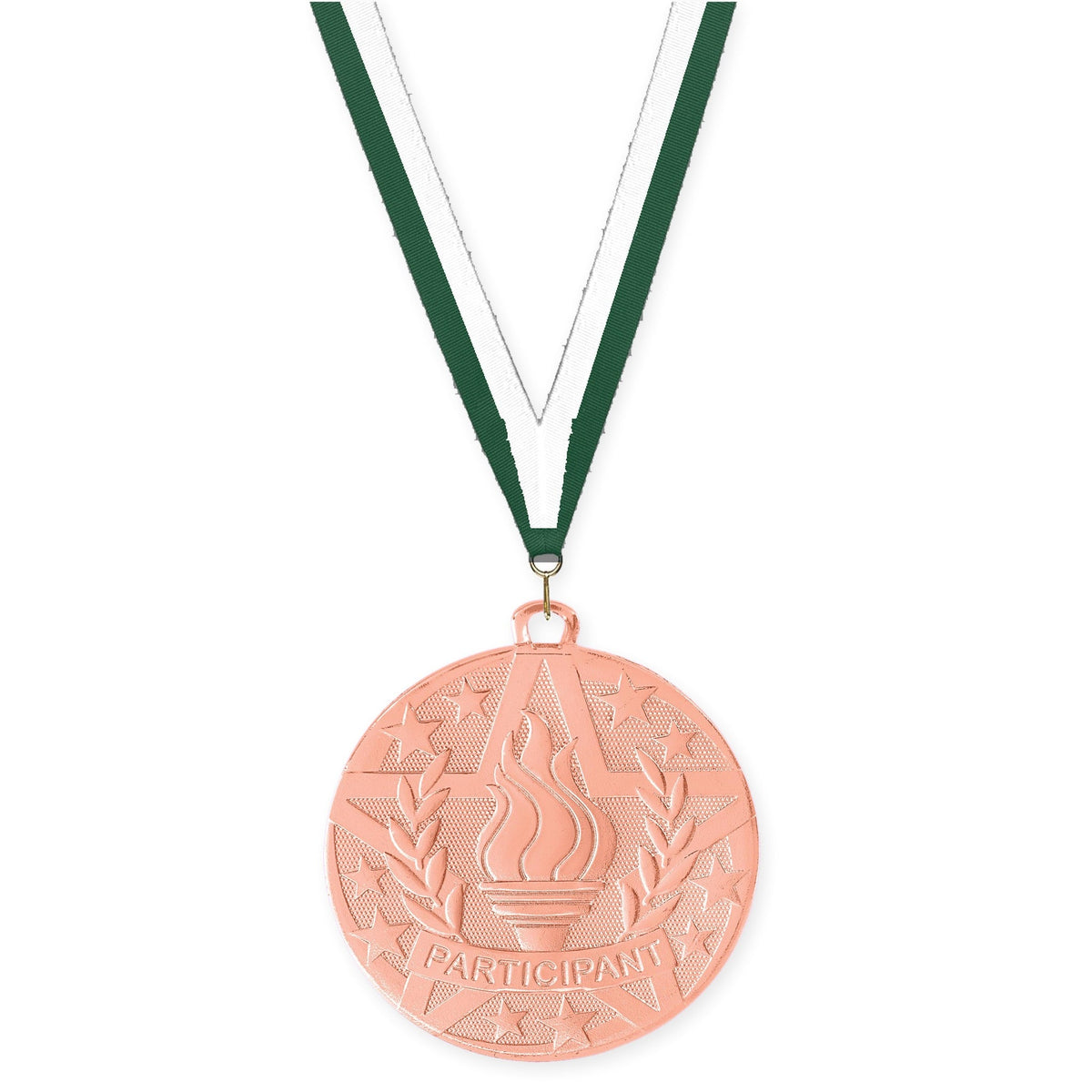 2 inch Participant Superstar medal in bronze with Hunter Green White neck ribbon