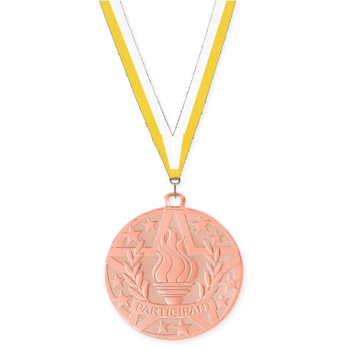 2 inch Participant Superstar medal in bronze with Yellow White neck ribbon