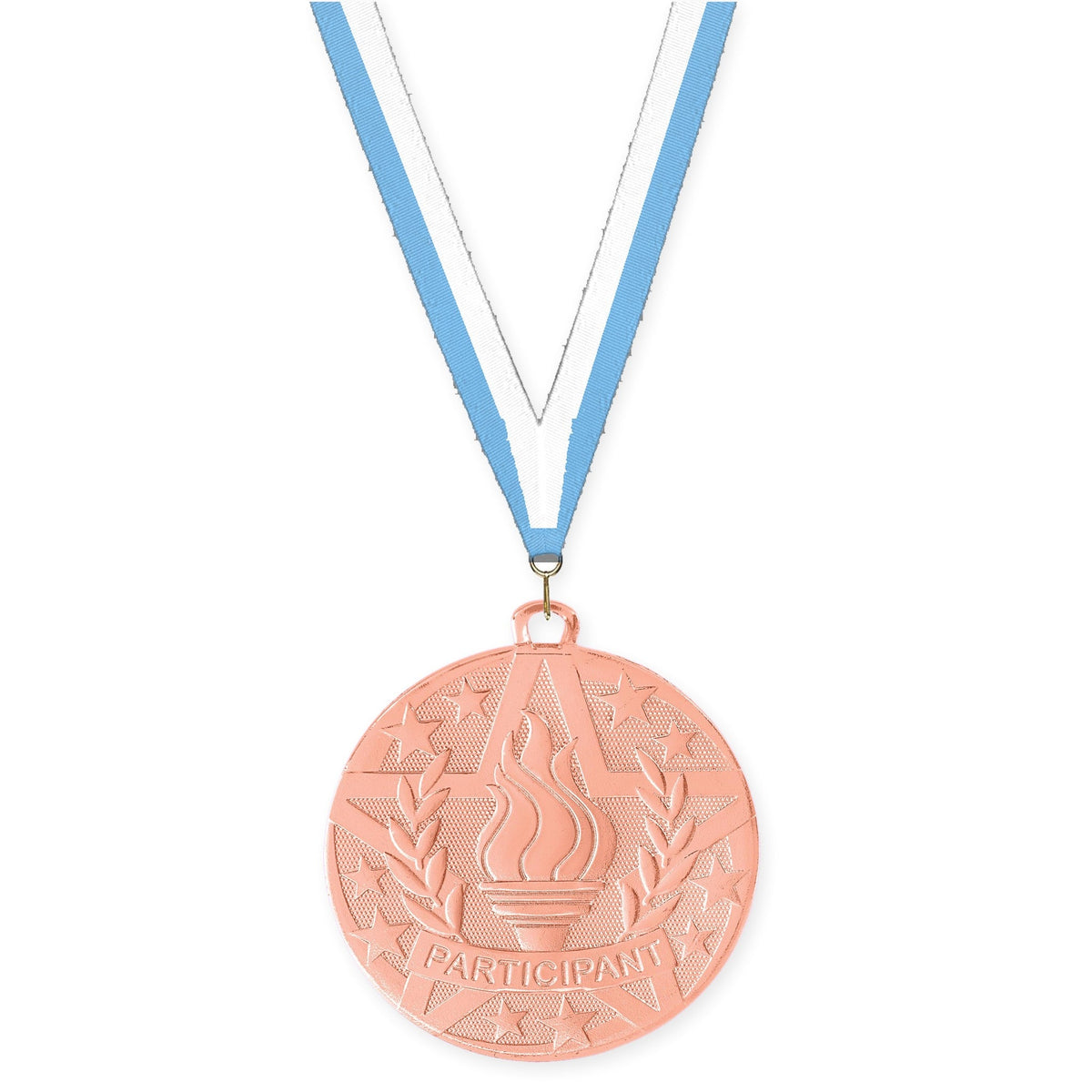2 inch Participant Superstar medal in bronze with Light Blue White neck ribbon