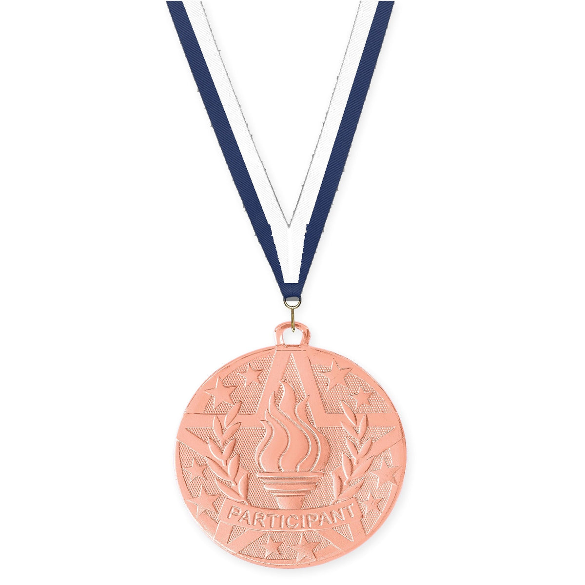 2 inch Participant Superstar medal in bronze with Navy White neck ribbon