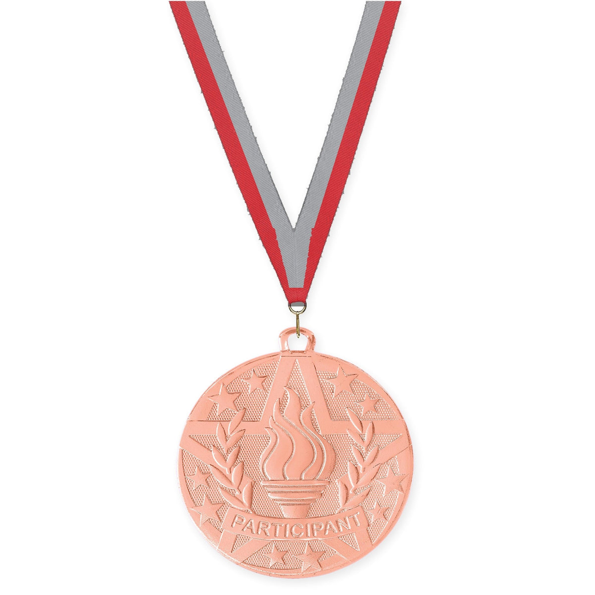 2 inch Participant Superstar medal in bronze with Red Gray neck ribbon
