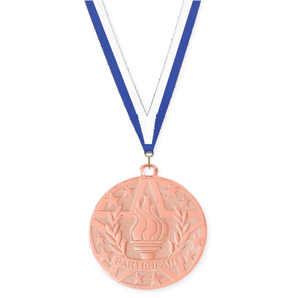 2 inch Participant Superstar medal in bronze with Blue White neck ribbon