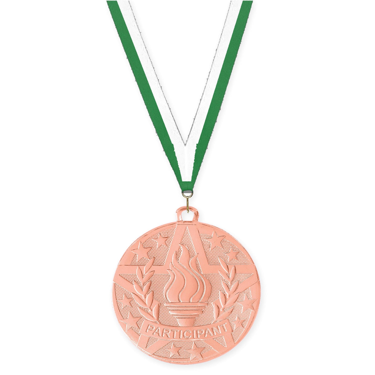 2 inch Participant Superstar medal in bronze with Green White neck ribbon