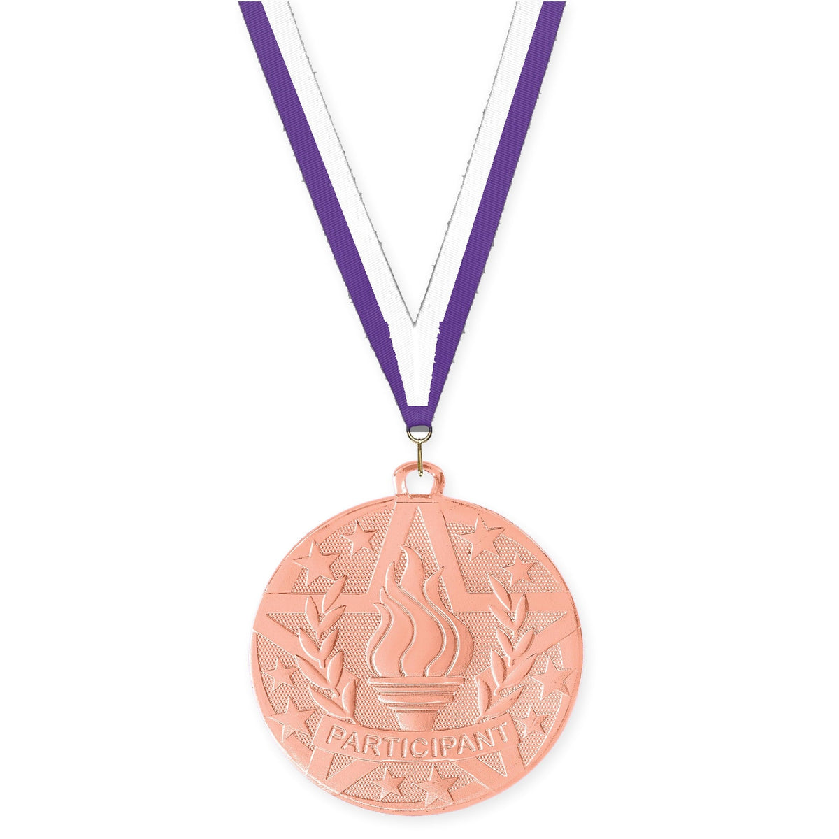 2 inch Participant Superstar medal in bronze with Purple White neck ribbon