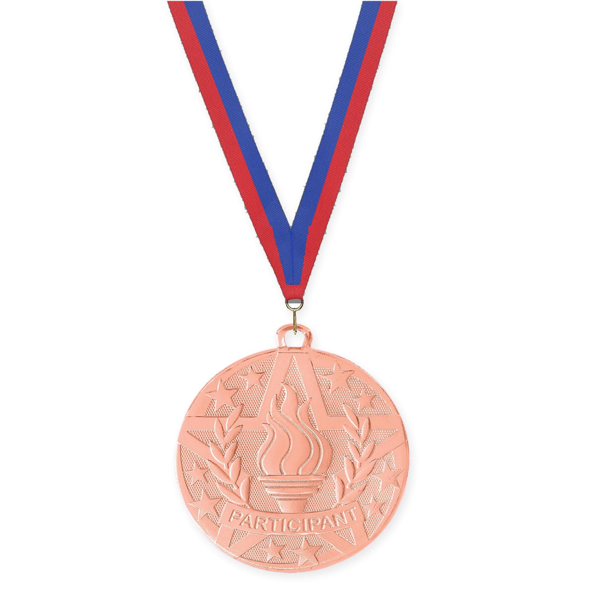 2 inch Participant Superstar medal in bronze with Blue Red neck ribbon