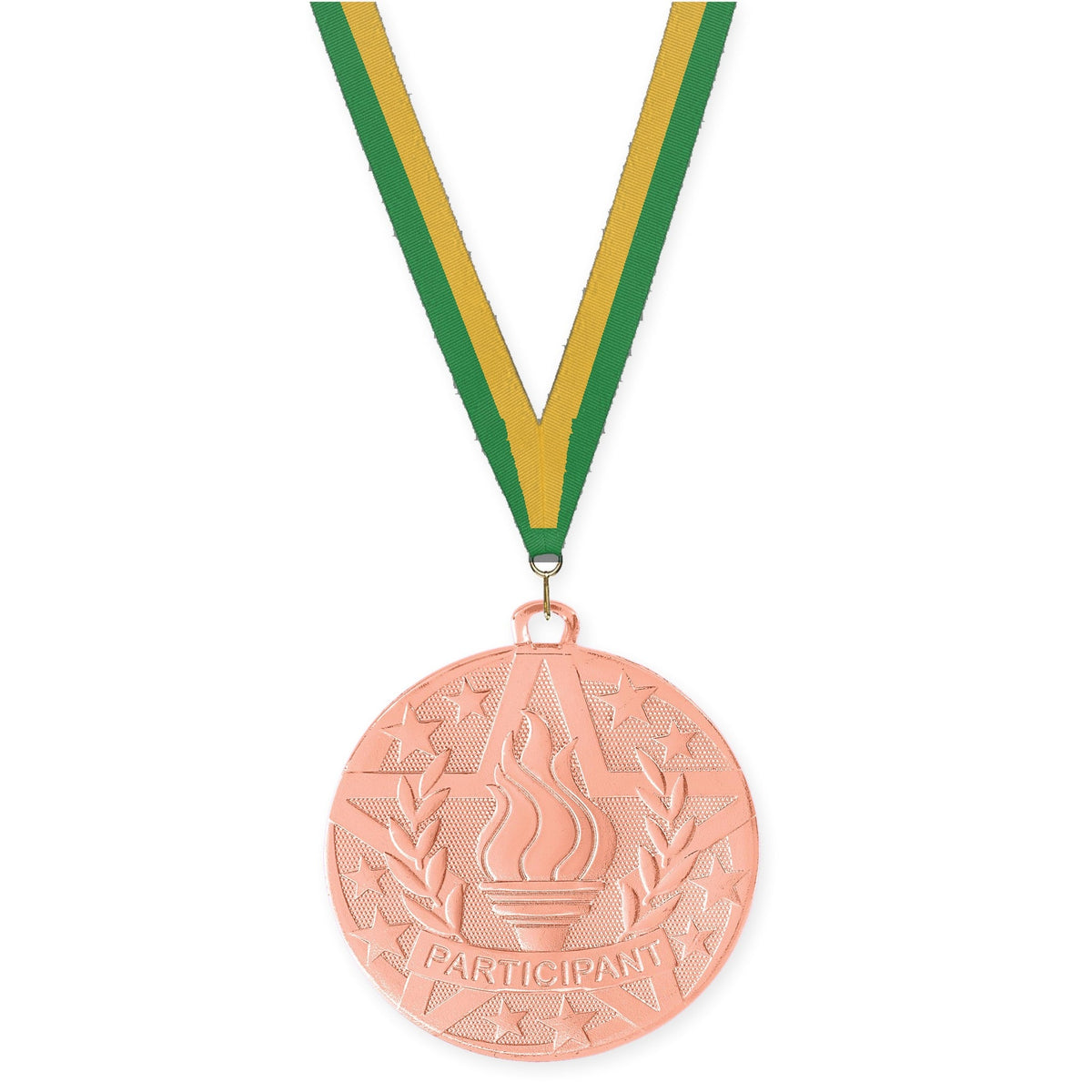 2 inch Participant Superstar medal in bronze with Green Gold neck ribbon
