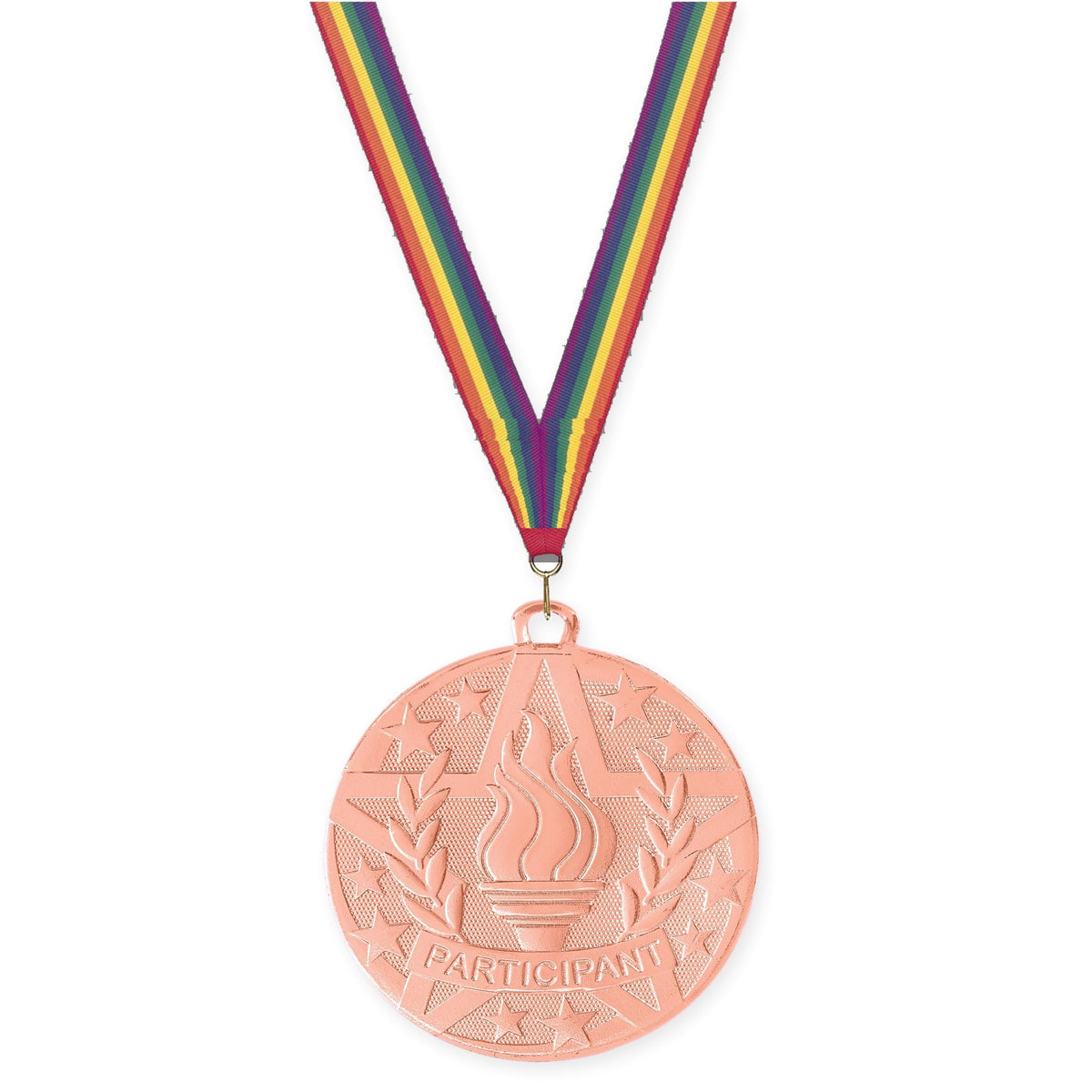 2 inch Participant Superstar medal in bronze with Rainbow neck ribbon