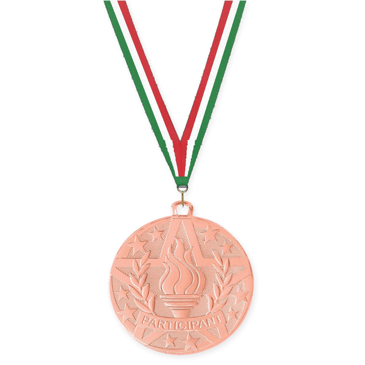 2 inch Participant Superstar medal in bronze with Green White Red neck ribbon