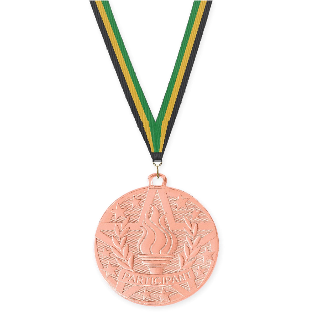 2 inch Participant Superstar medal in bronze with Black Gold Green neck ribbon