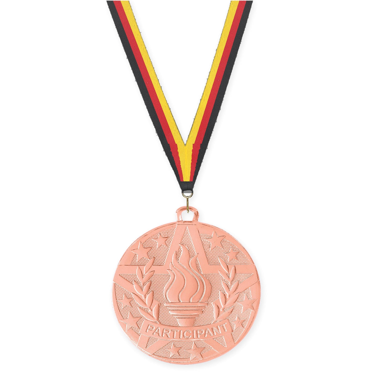 2 inch Participant Superstar medal in bronze with Black Red Yellow neck ribbon