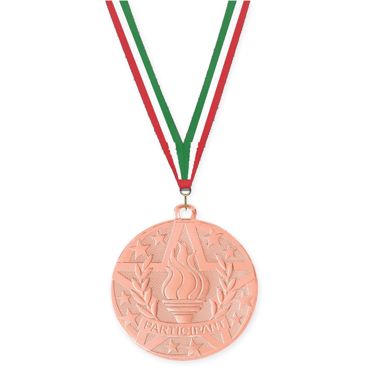 2 inch Participant Superstar medal in bronze with Red White Green neck ribbon