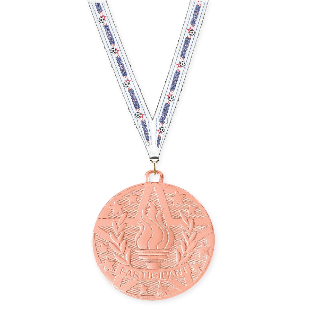 2 inch Participant Superstar medal in bronze with Soccer neck ribbon