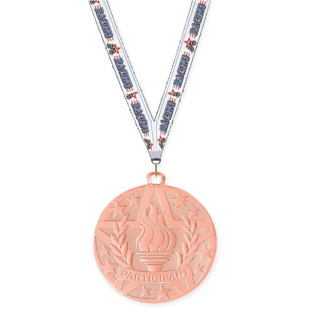 2 inch Participant Superstar medal in bronze with Auto Racing neck ribbon