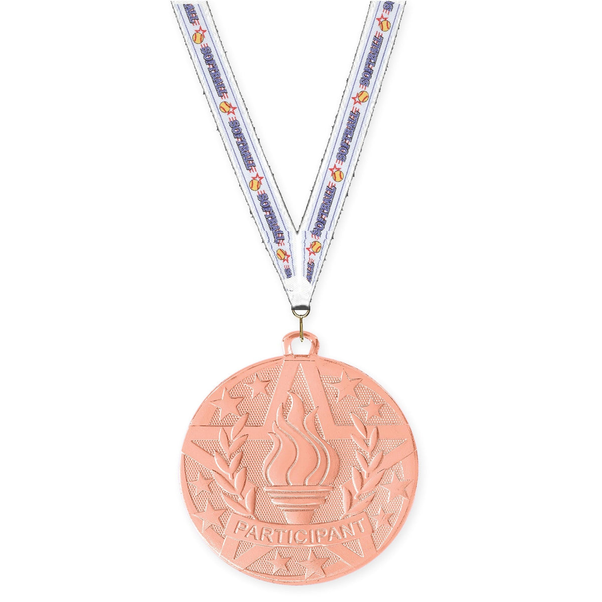 2 inch Participant Superstar medal in bronze with Softball neck ribbon