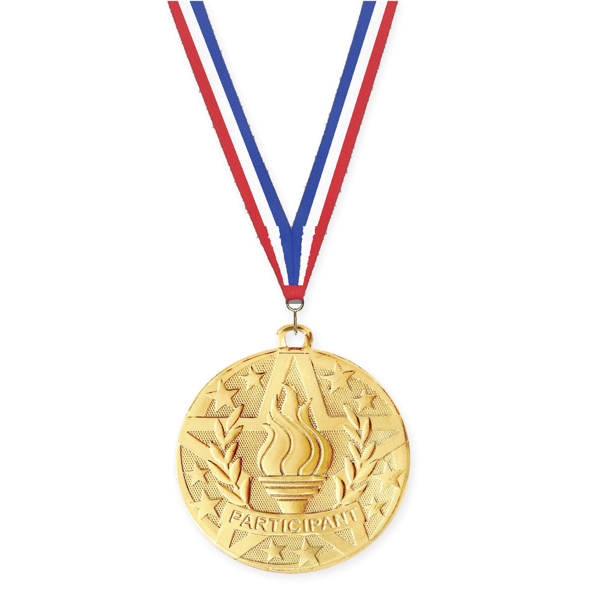 2 inch Participant Superstar medal in gold with Red White Blue neck ribbon