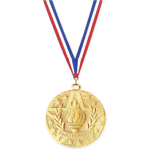 2 inch Participant Superstar medal in gold with Red White Blue neck ribbon