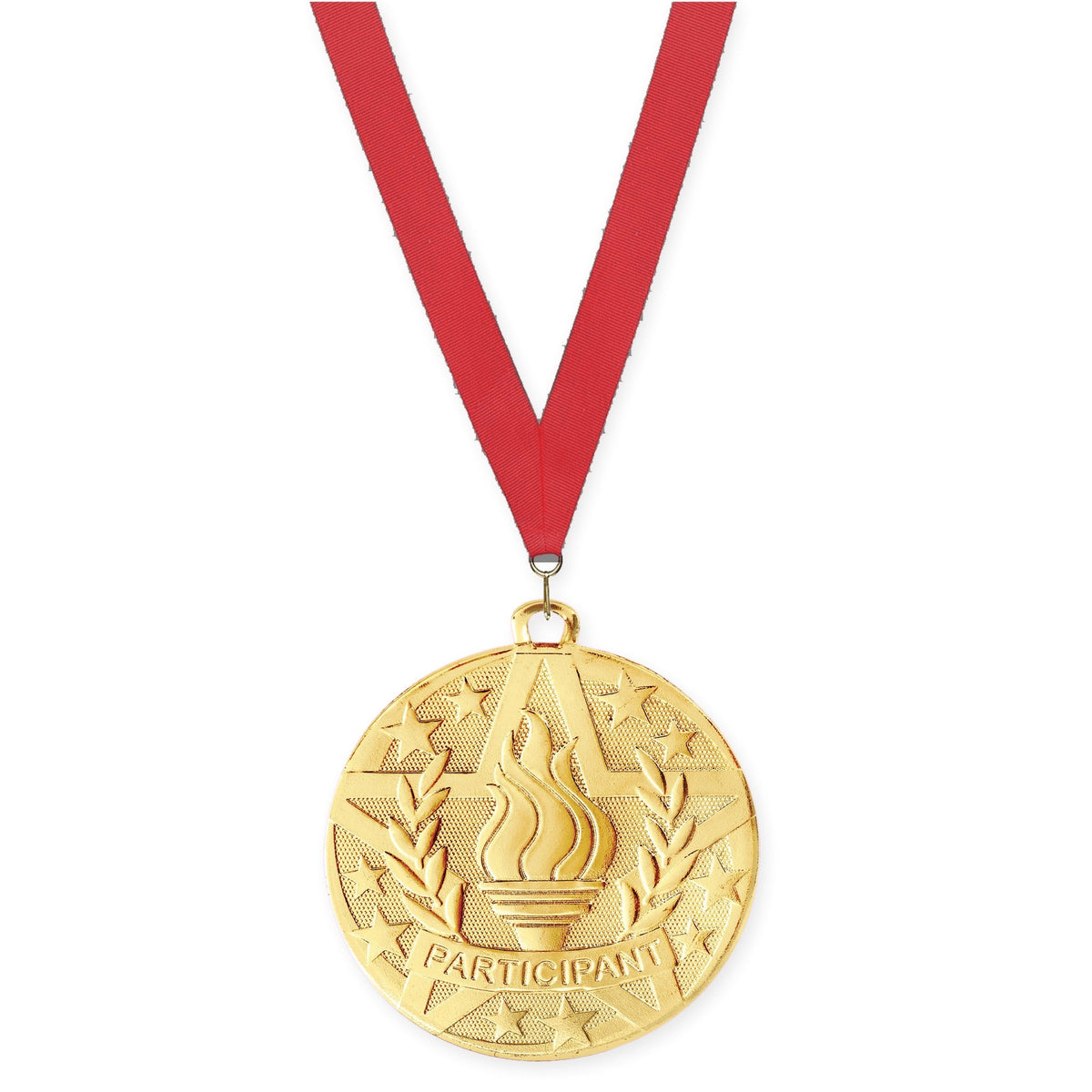 2 inch Participant Superstar medal in gold with Red neck ribbon