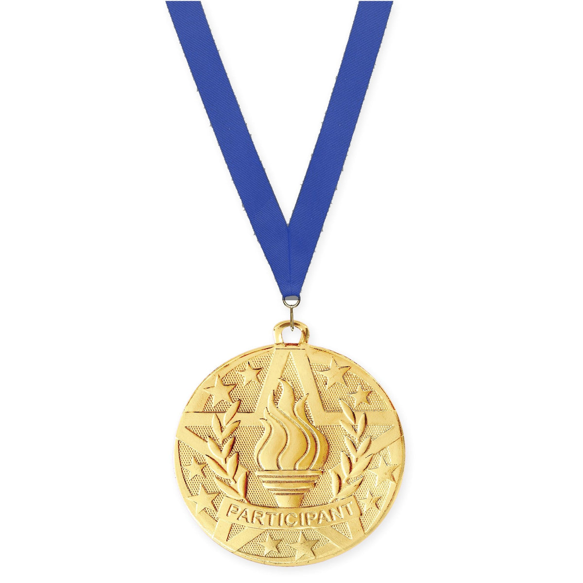 2 inch Participant Superstar medal in gold with Blue neck ribbon