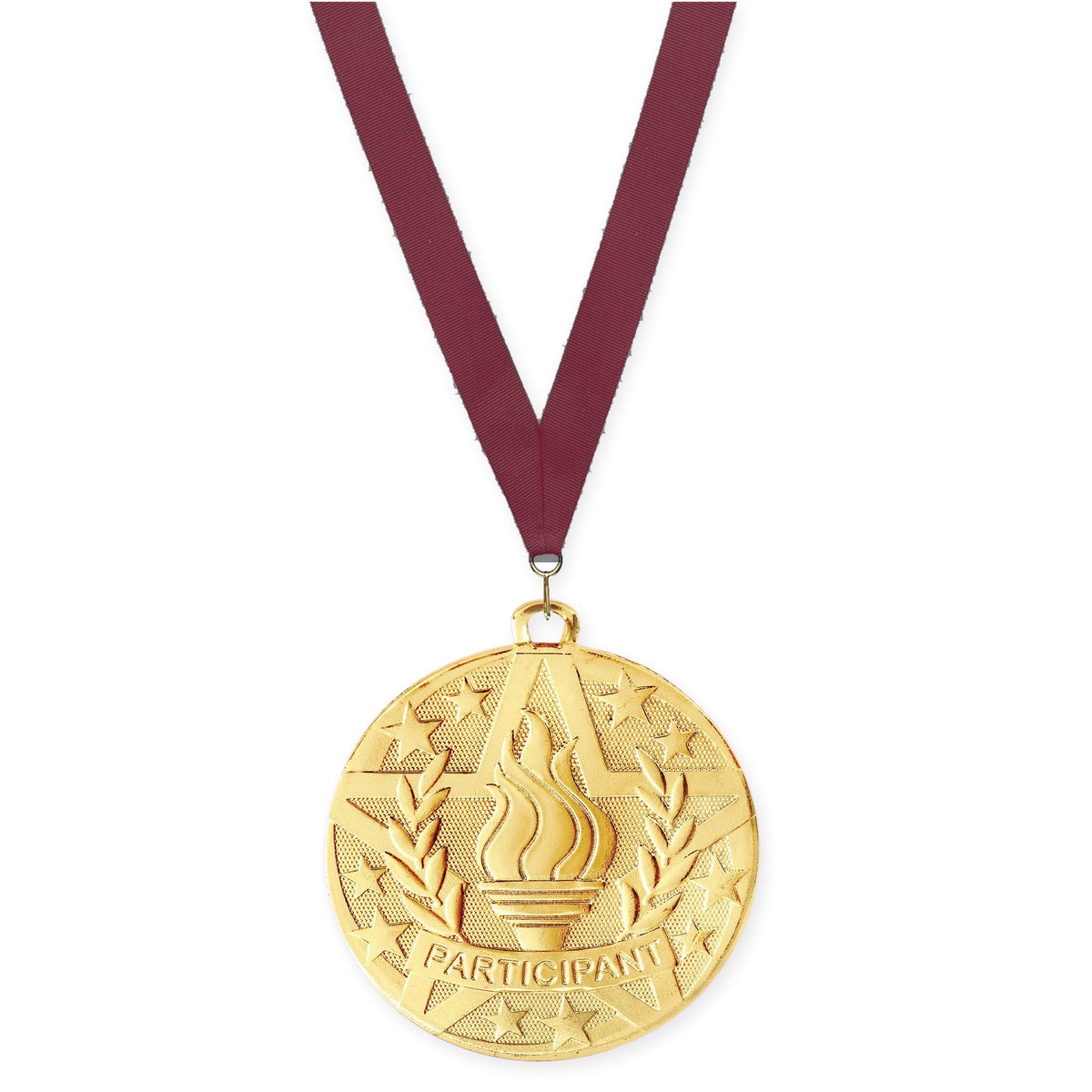 2 inch Participant Superstar medal in gold with Maroon neck ribbon