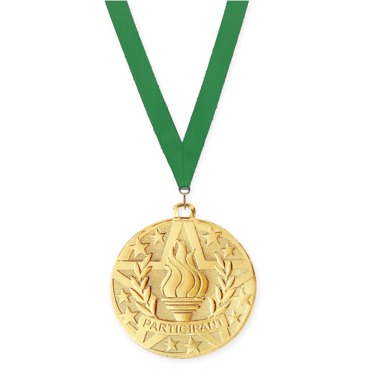 2 inch Participant Superstar medal in gold with Green neck ribbon