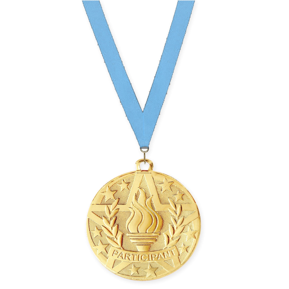 2 inch Participant Superstar medal in gold with Light Blue neck ribbon