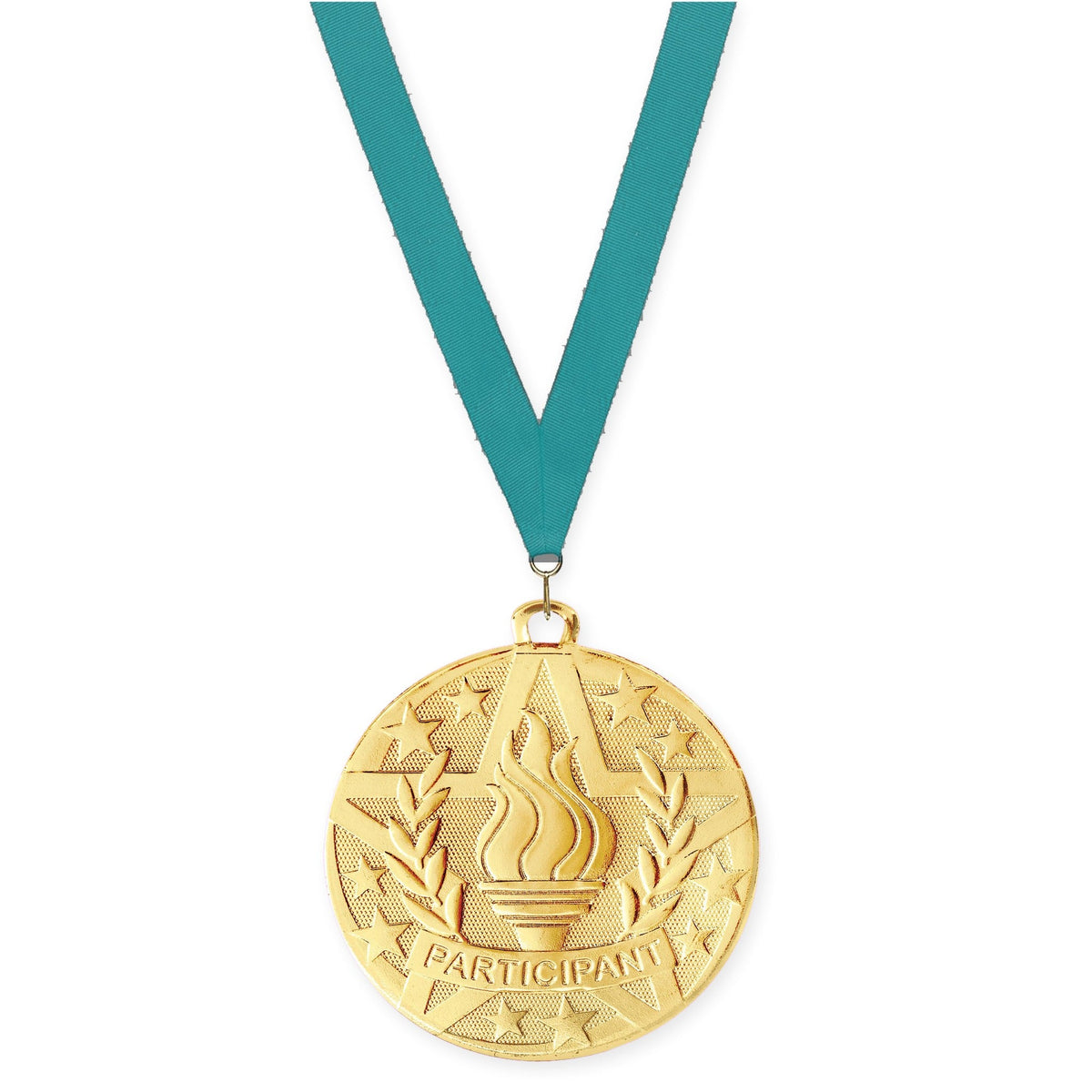 2 inch Participant Superstar medal in gold with Teal neck ribbon