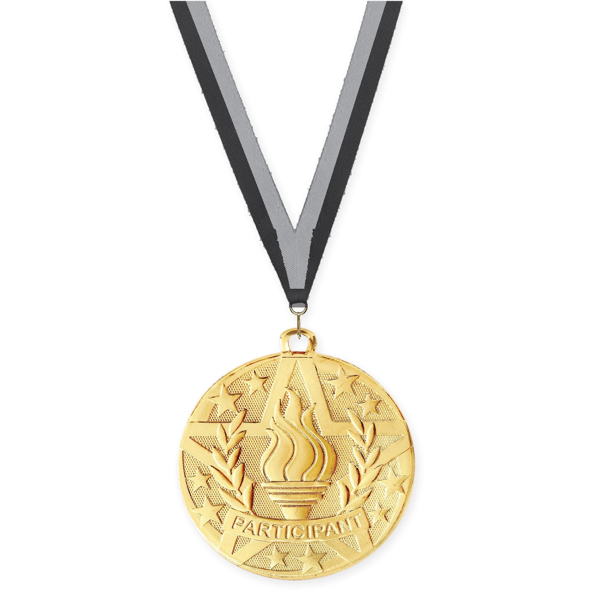 2 inch Participant Superstar medal in gold with Black Gray neck ribbon