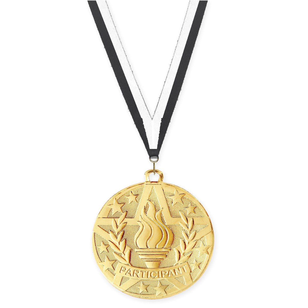 2 inch Participant Superstar medal in gold with Black White neck ribbon