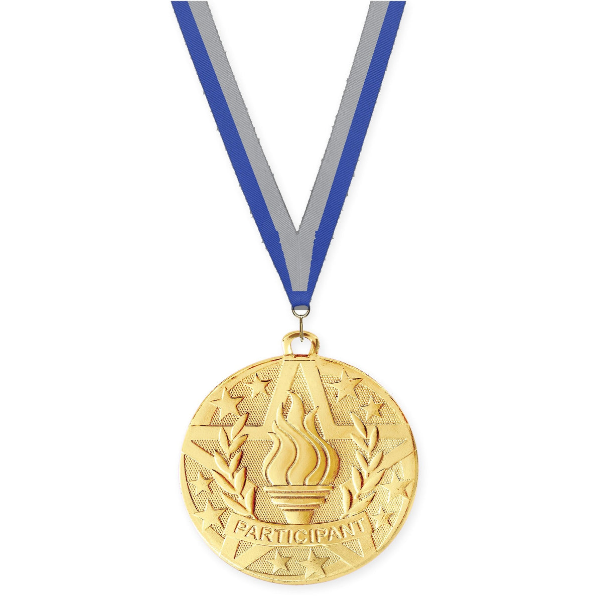 2 inch Participant Superstar medal in gold with Blue Gray neck ribbon