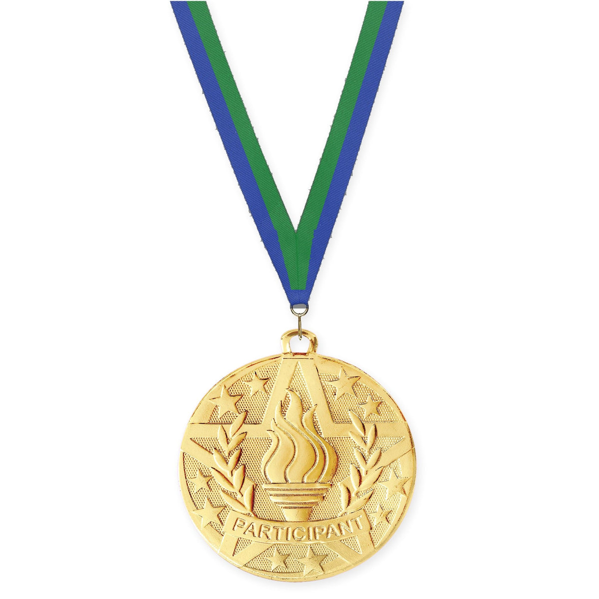 2 inch Participant Superstar medal in gold with Blue Green neck ribbon