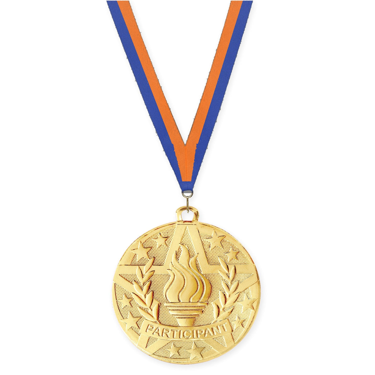 2 inch Participant Superstar medal in gold with Blue Orange neck ribbon