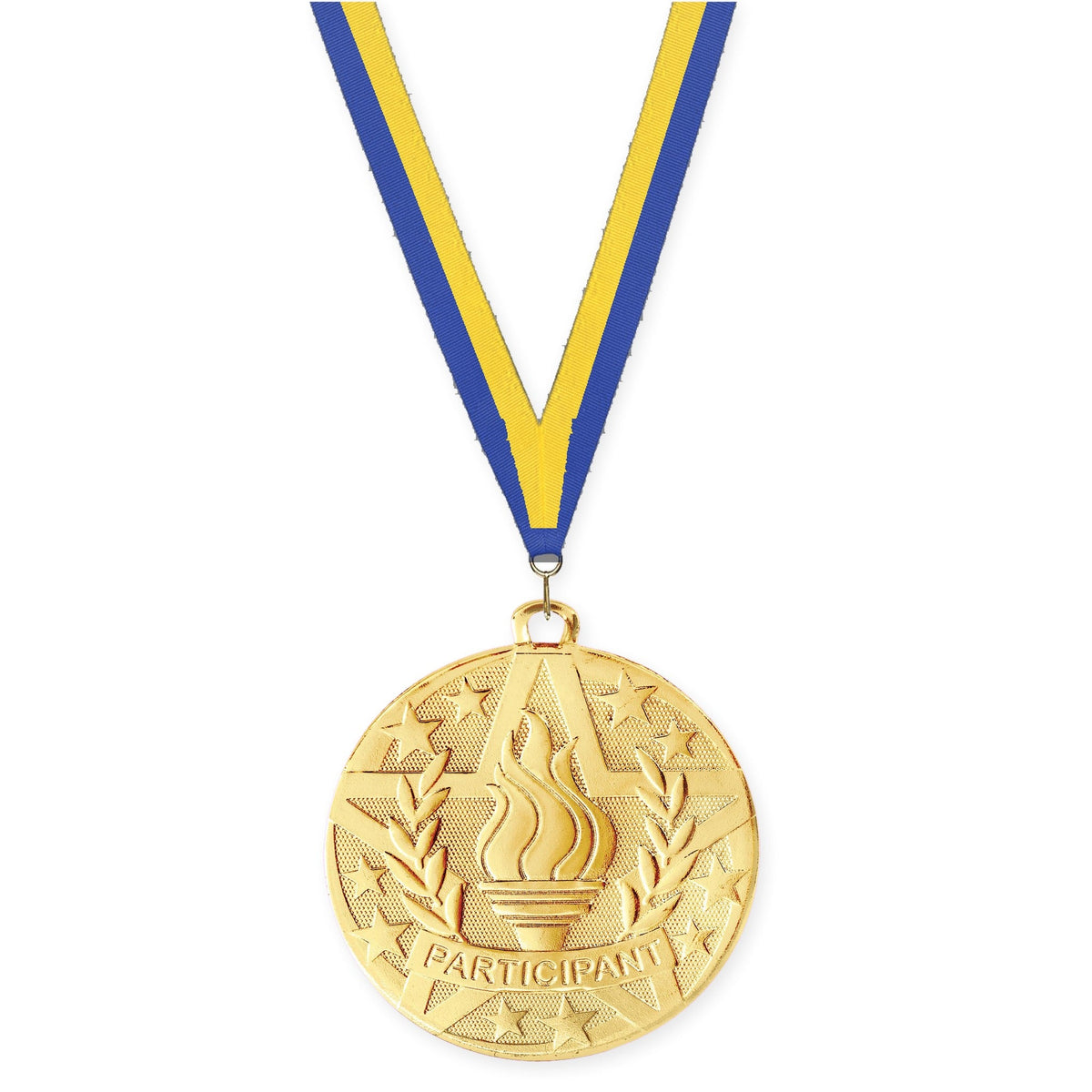 2 inch Participant Superstar medal in gold with Blue Yellow neck ribbon