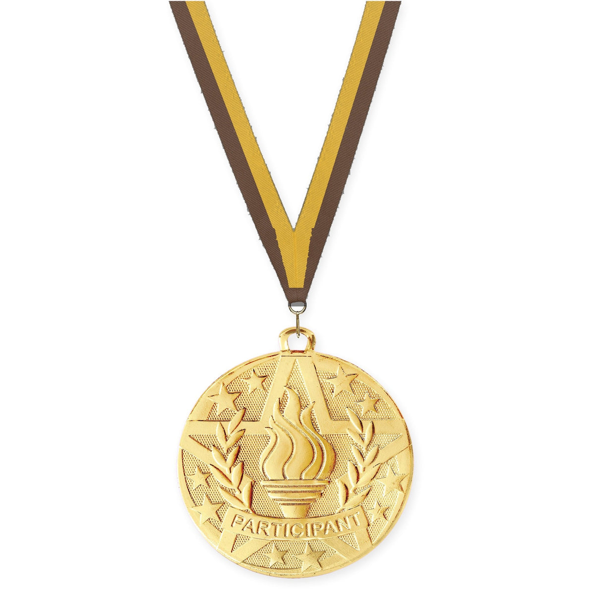 2 inch Participant Superstar medal in gold with Brown Gold neck ribbon