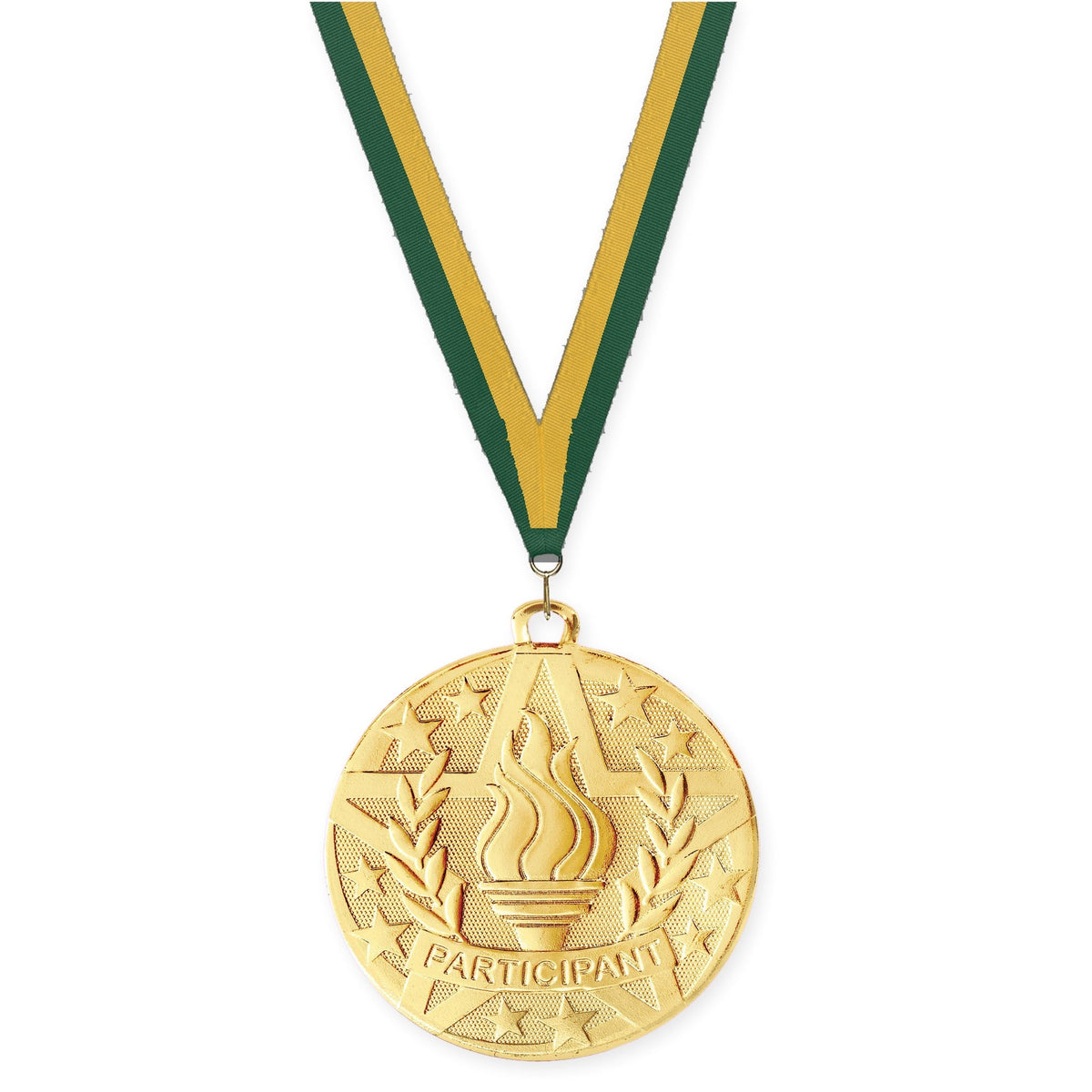 2 inch Participant Superstar medal in gold with Hunter Green Gold neck ribbon