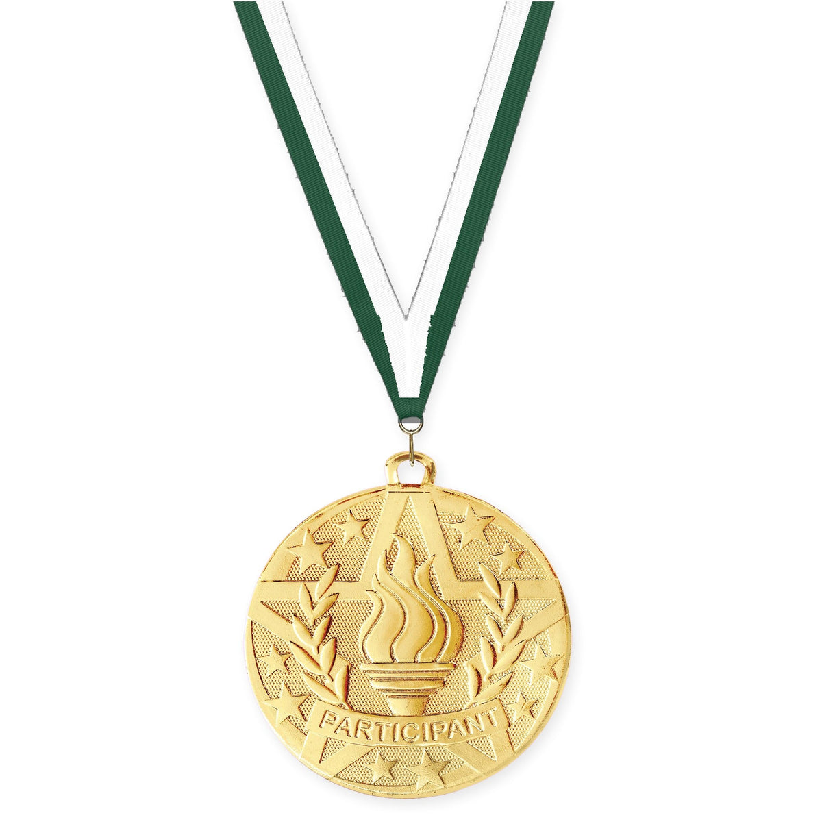 2 inch Participant Superstar medal in gold with Hunter Green White neck ribbon