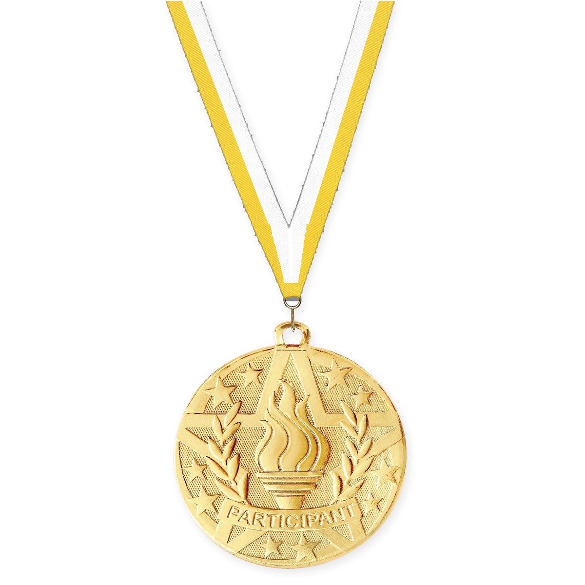 2 inch Participant Superstar medal in gold with Yellow White neck ribbon