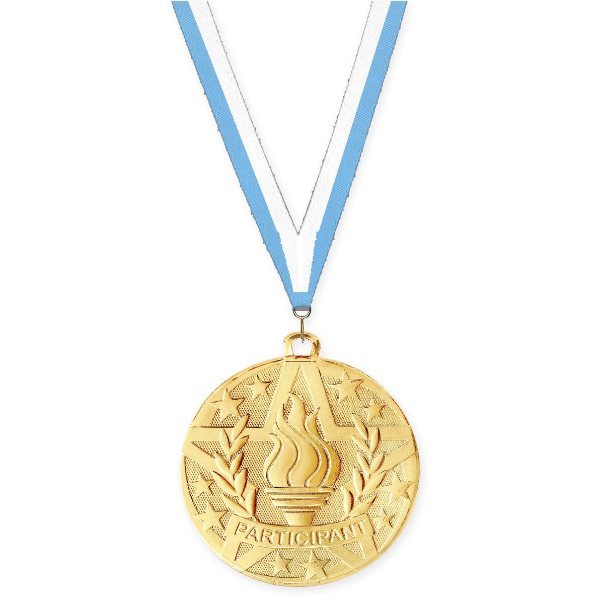 2 inch Participant Superstar medal in gold with Light Blue White neck ribbon