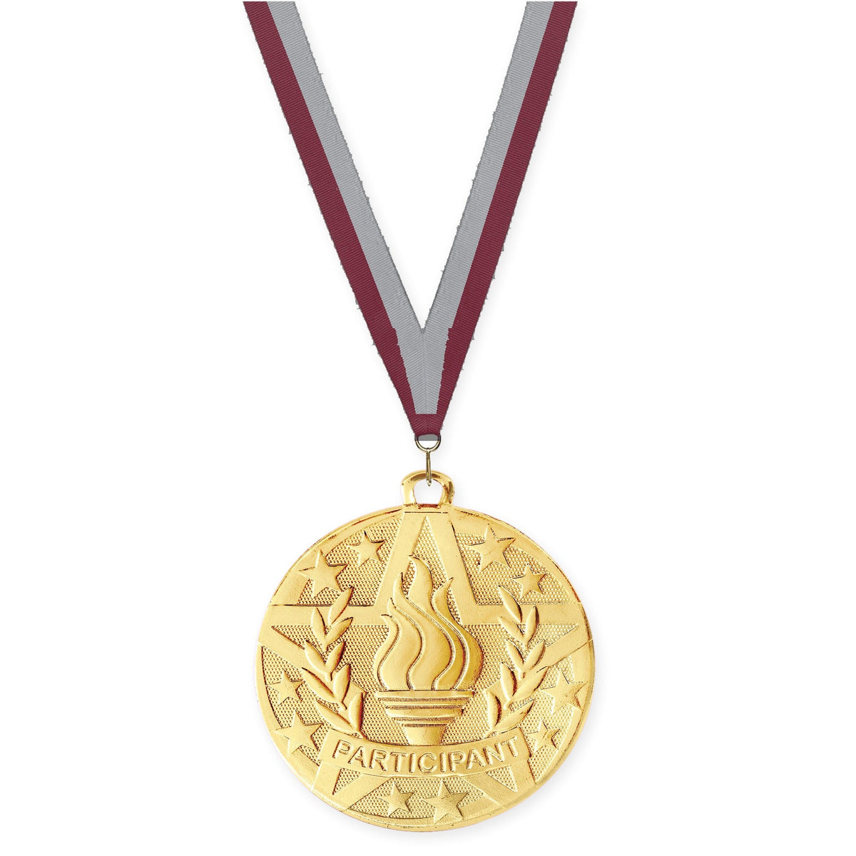2 inch Participant Superstar medal in gold with Maroon Gray neck ribbon