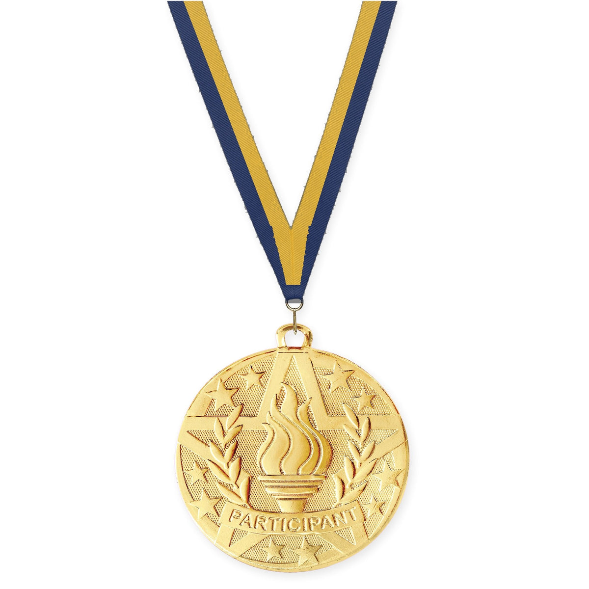 2 inch Participant Superstar medal in gold with Navy Gold neck ribbon