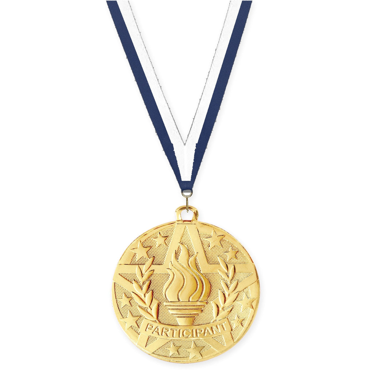 2 inch Participant Superstar medal in gold with Navy White neck ribbon