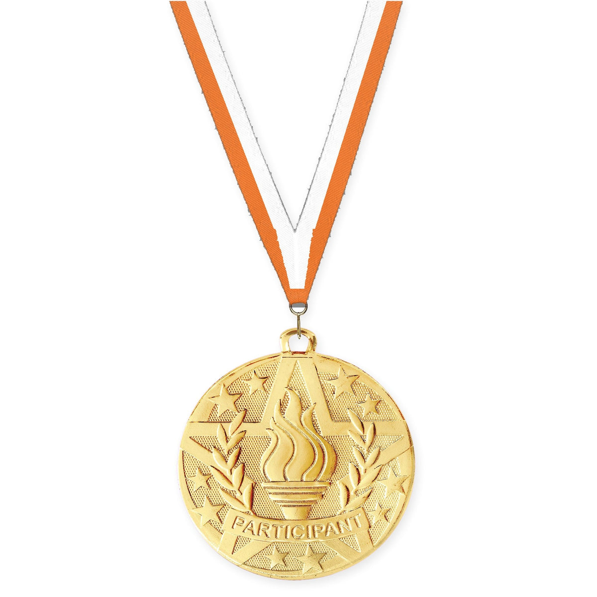 2 inch Participant Superstar medal in gold with Orange White neck ribbon