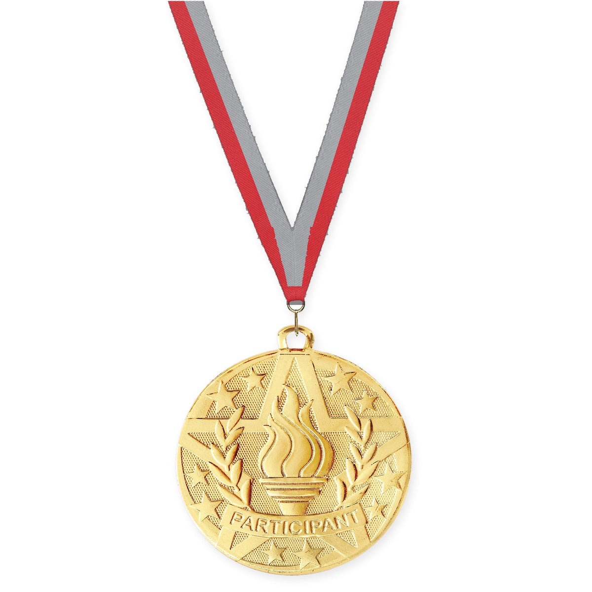 2 inch Participant Superstar medal in gold with Red Gray neck ribbon