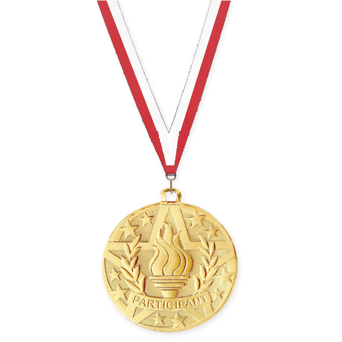 2 inch Participant Superstar medal in gold with Red White neck ribbon