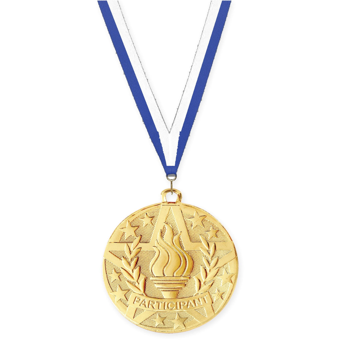 2 inch Participant Superstar medal in gold with Blue White neck ribbon