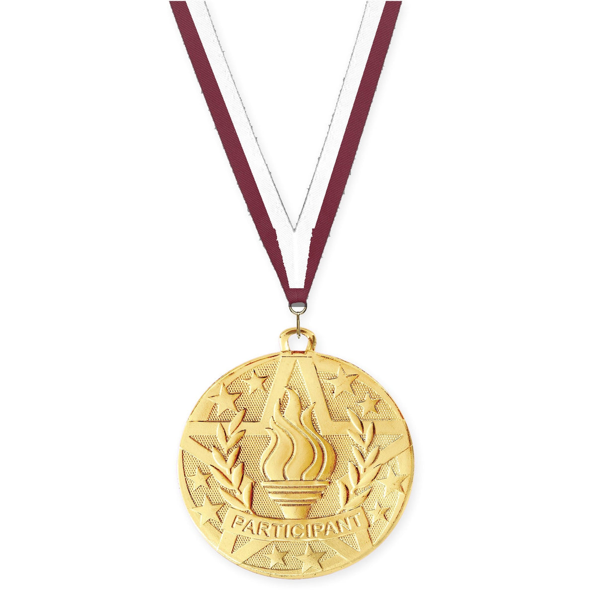 2 inch Participant Superstar medal in gold with Maroon White neck ribbon