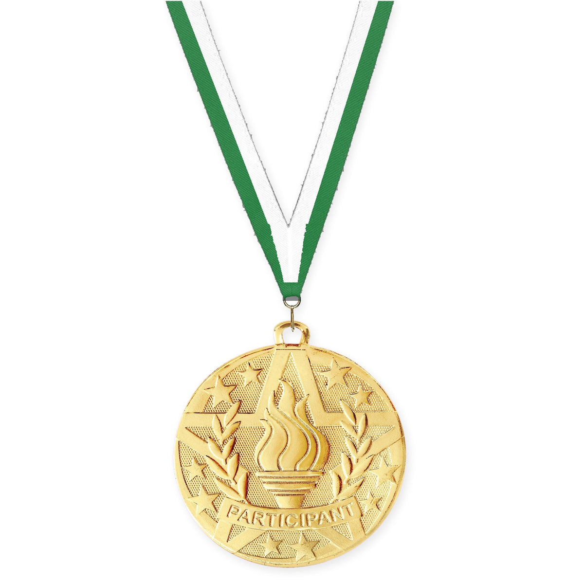 2 inch Participant Superstar medal in gold with Green White neck ribbon